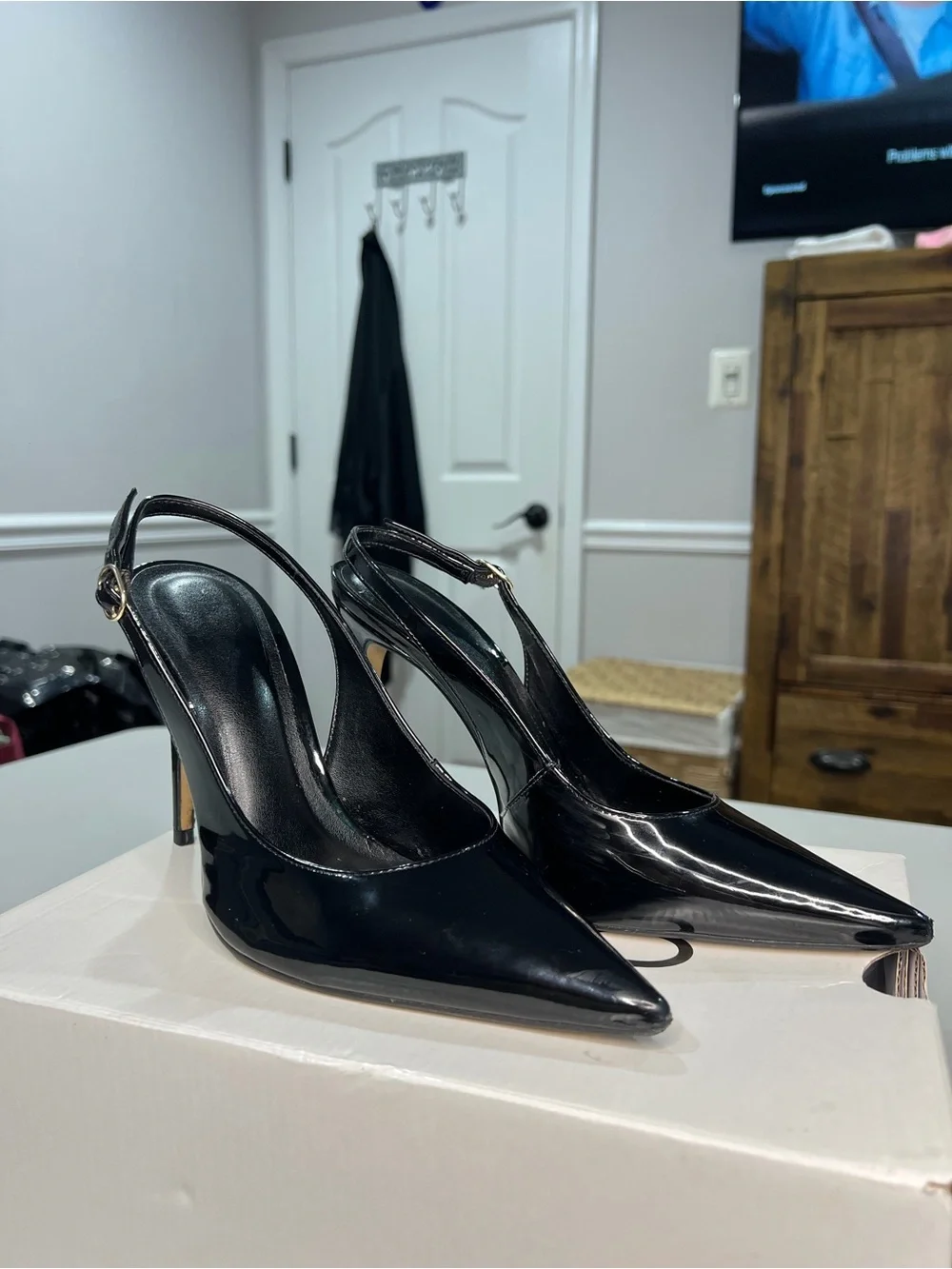 Aldo Black Patent Pointed Slingback Heels